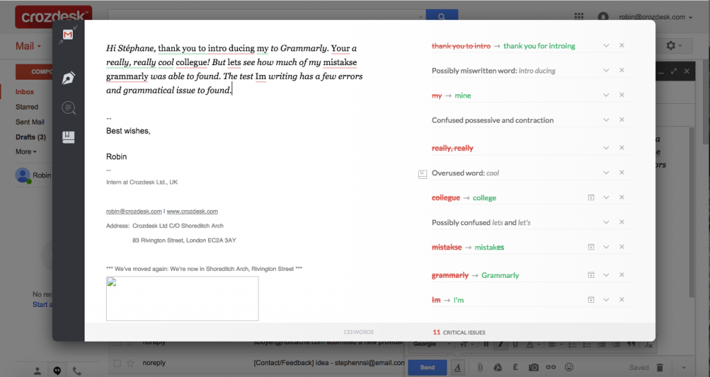 Grammarly Review Google Mail plugin before corrections