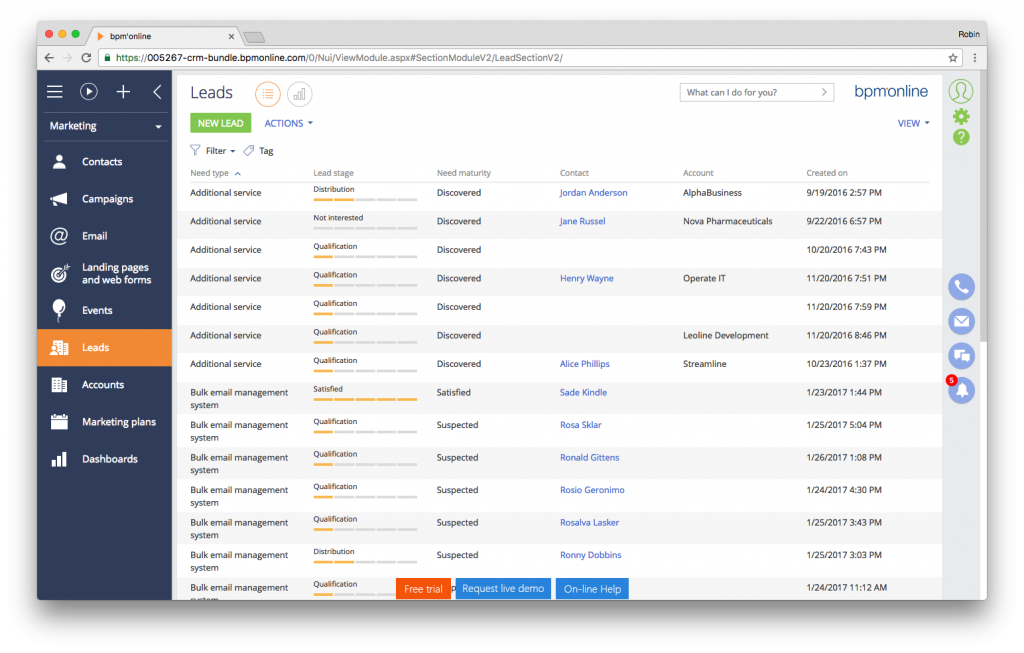 Screenshot Bpm'online CRM suite - leads view