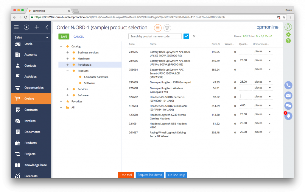 Screenshot Bpm'online CRM suite - product catalogue view