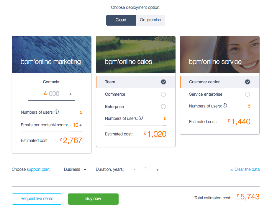Screenshot Bpm'online CRM suite - pricing calculator