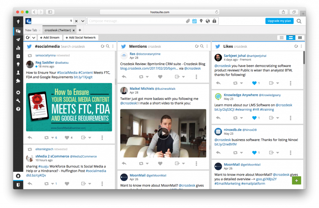 social media management network stream hootsuite dashboard screenshot crozdesk twitter