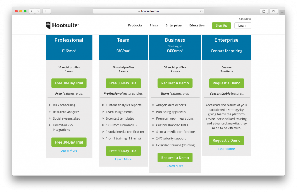 hootsuite pricing packages screenshot