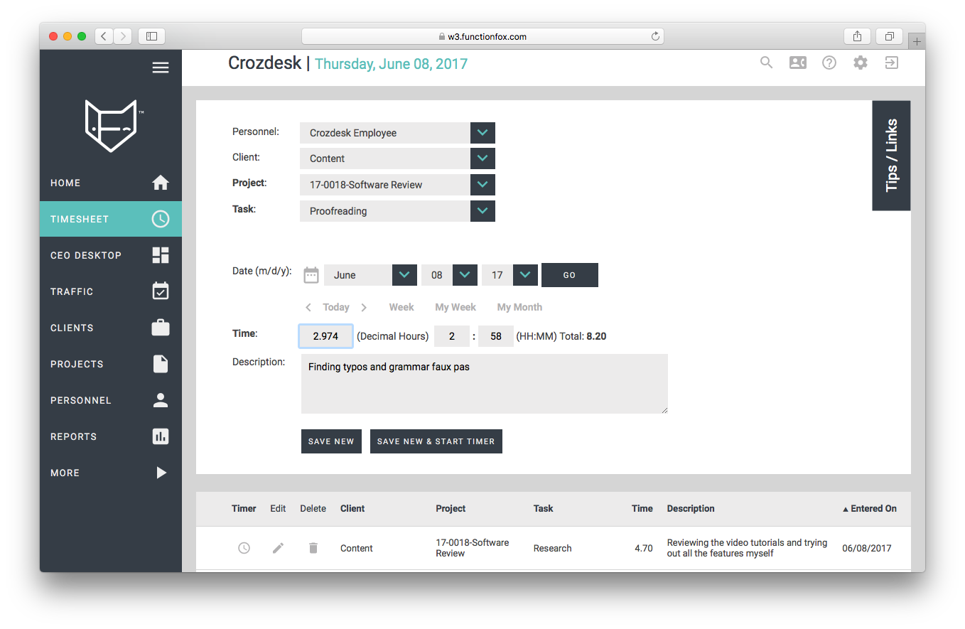 functionfox timesheet screenshot dashboard interface crozdesk