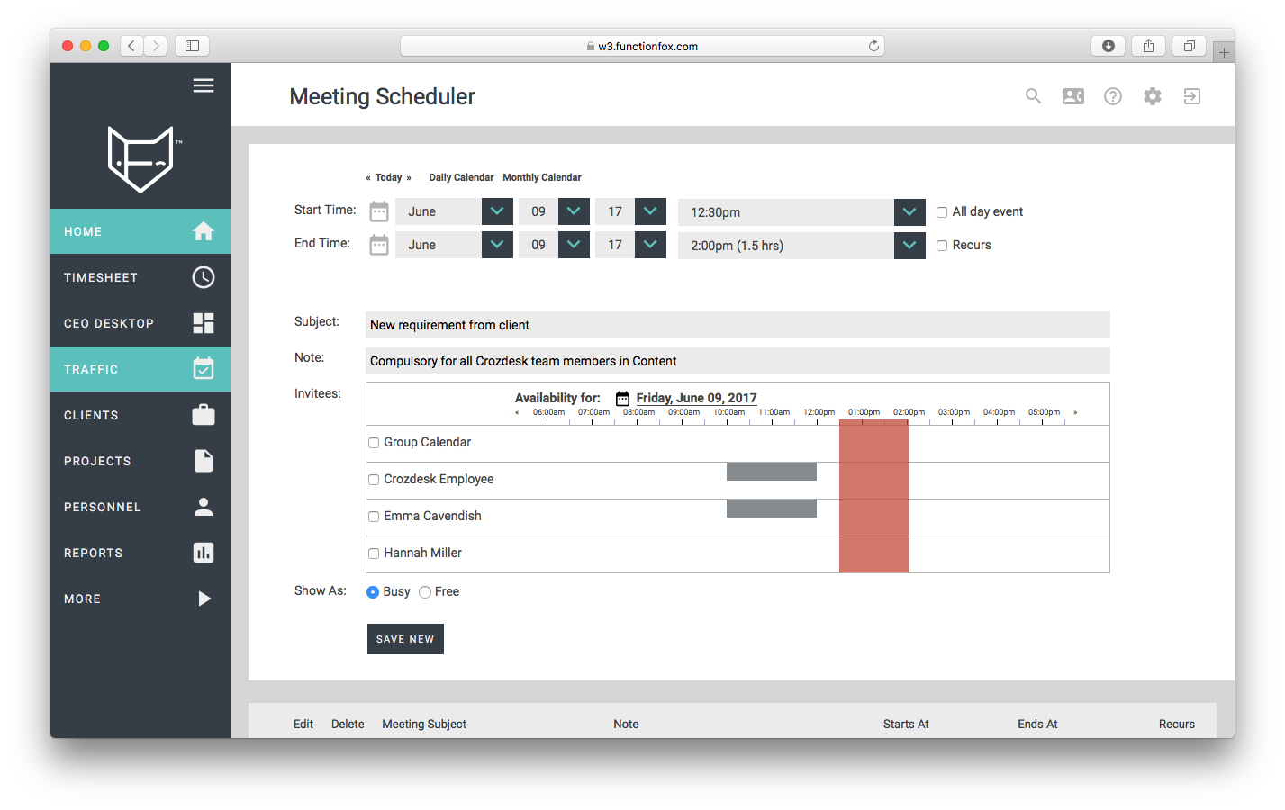 functionfox timesheet screenshot dashboard interface crozdesk meeting scheduler