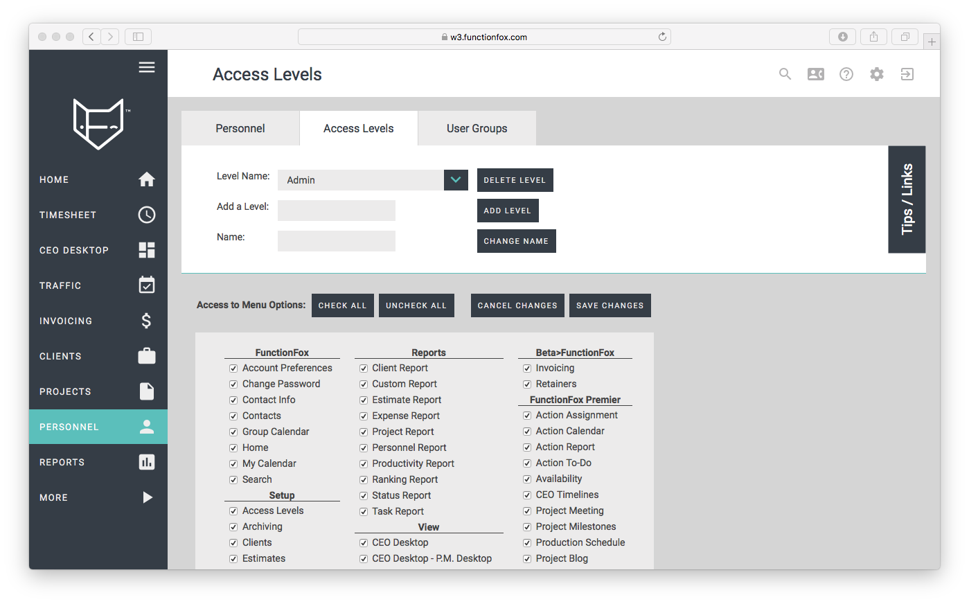 functionfox timesheet screenshot dashboard interface crozdesk access levels user management personnel