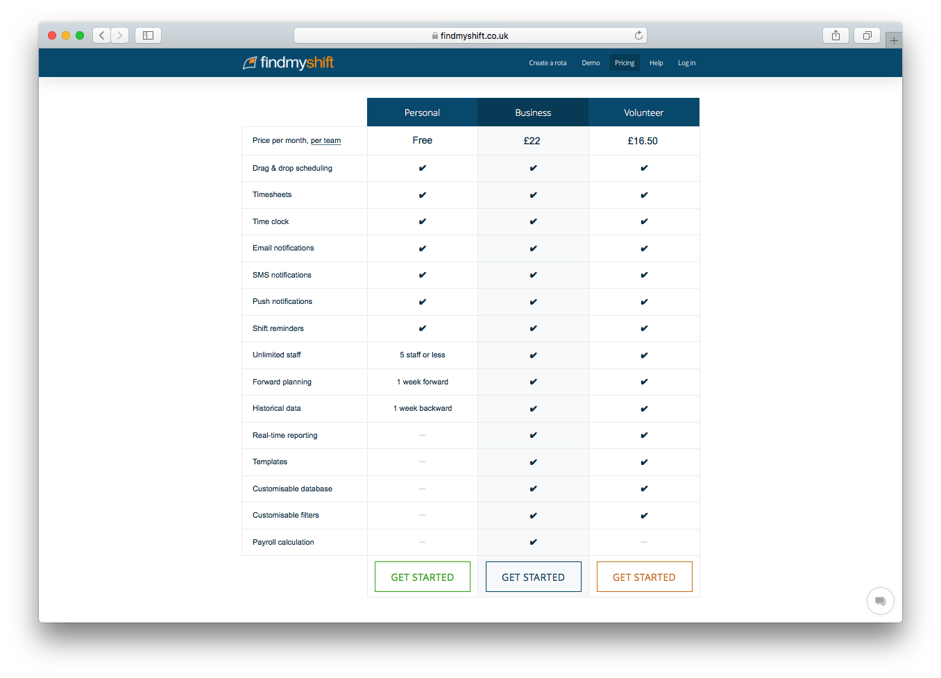 Findmyshift website screenshot personal business volunteer pricing plans 