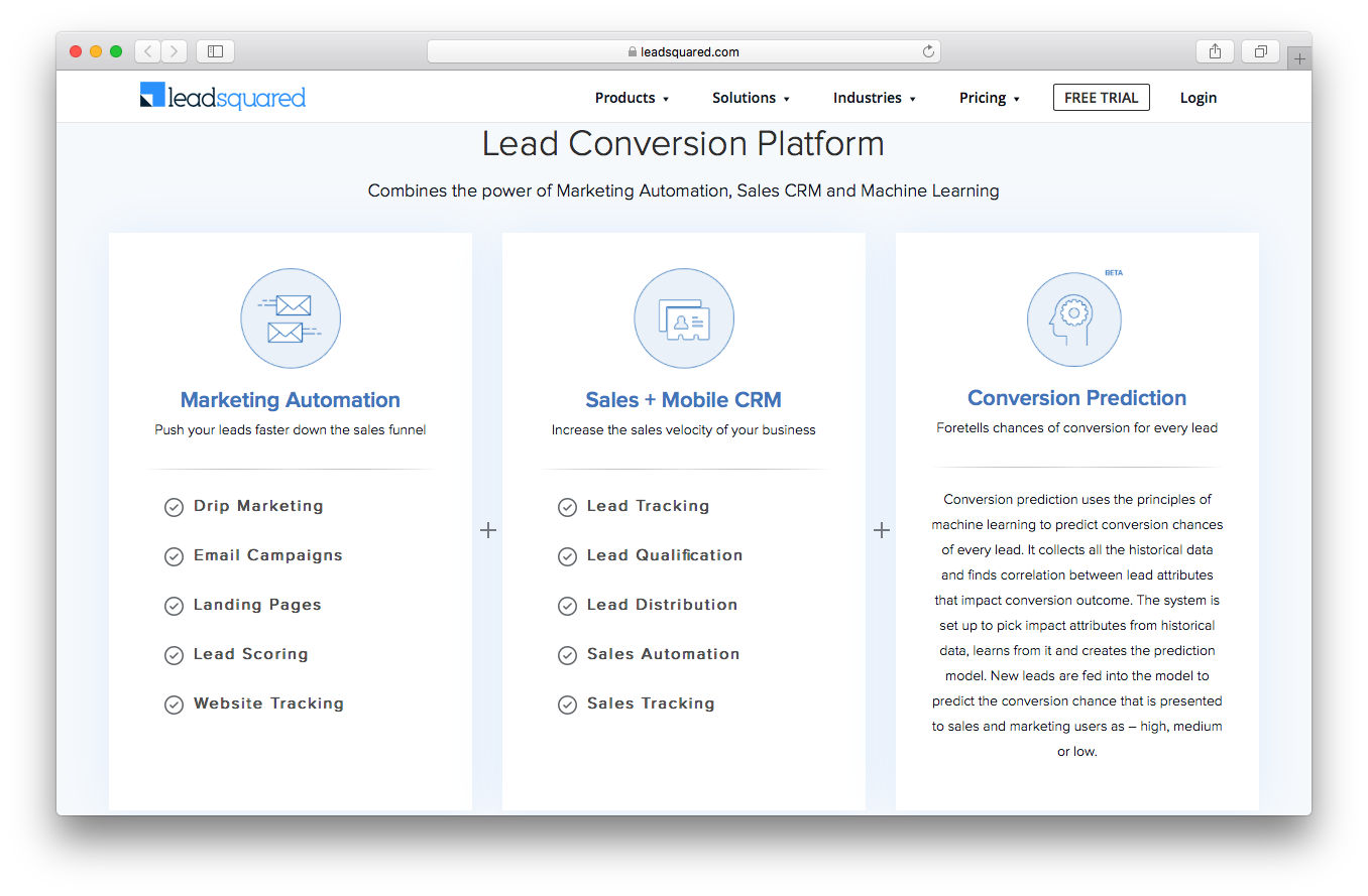 LeadSquared conversion prediction sales mobile crm lead conversion marketing automation webpage screenshot 