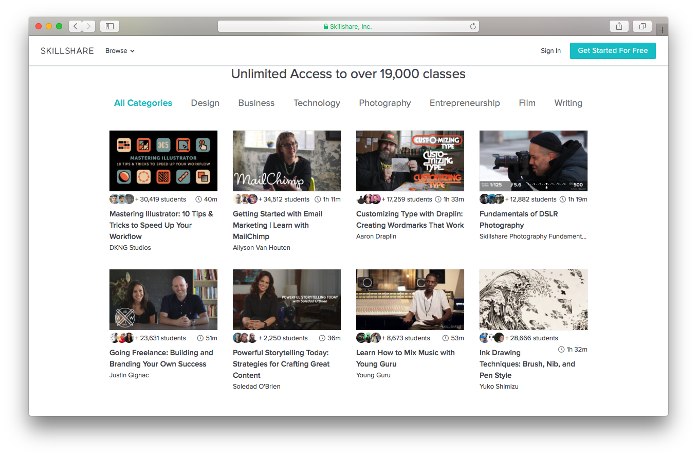 Skillshare homepage screenshot unlimited access 19000 classes design business technology photography entrepreneurship film writing