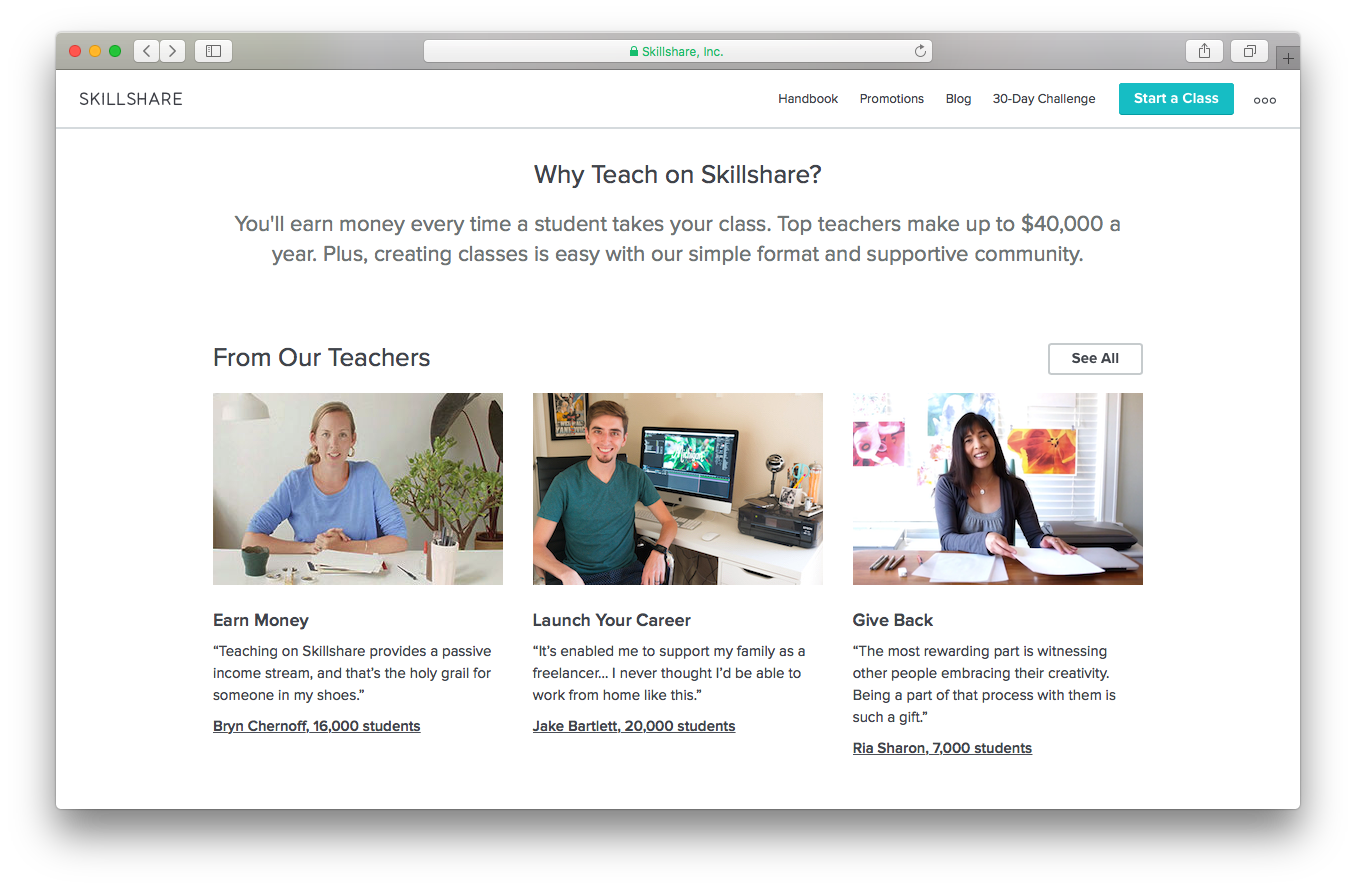 Skillshare become a teacher webpage screenshot earn money launch career give back