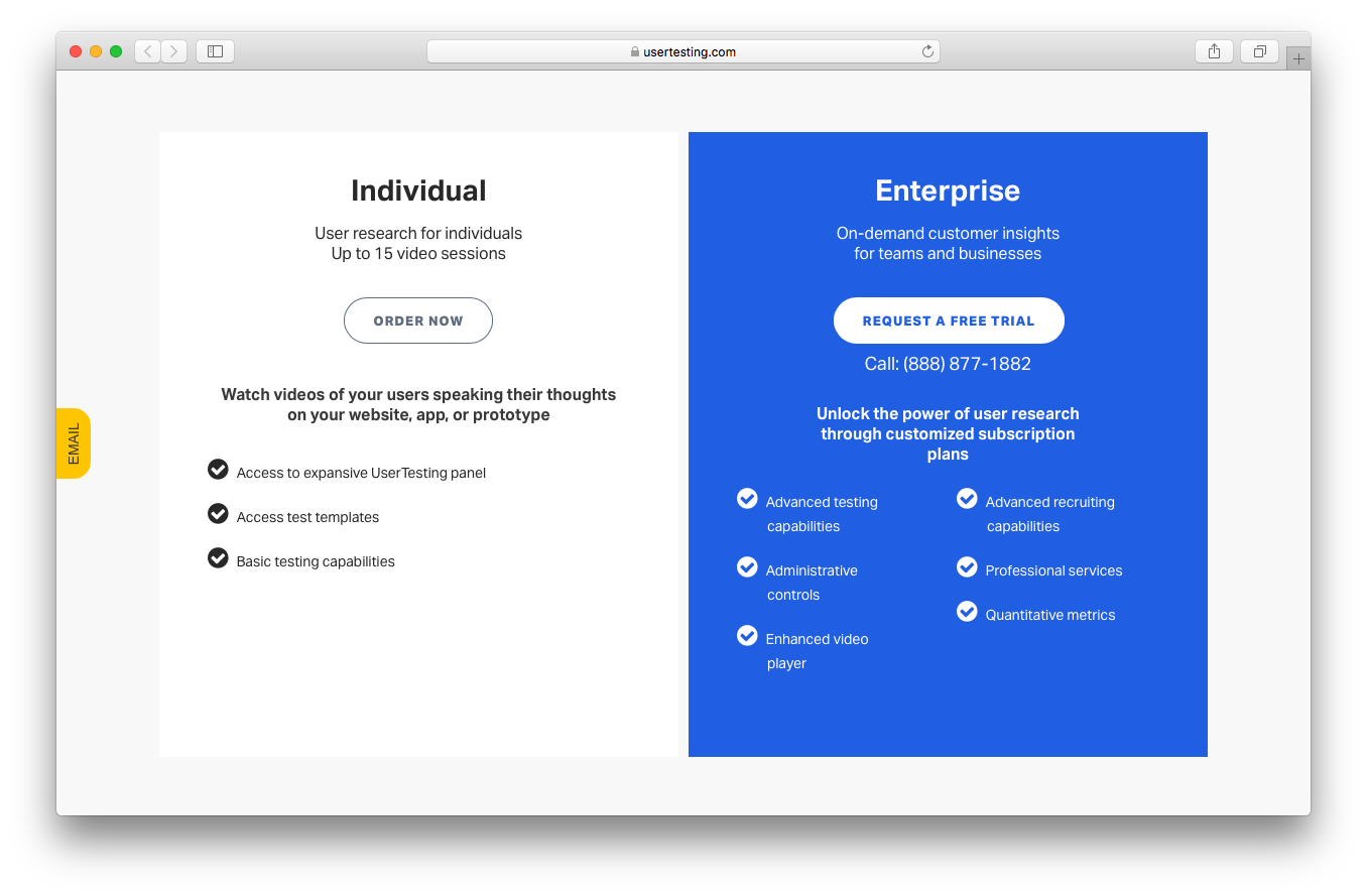 UserTesting pricing webpage screenshot individual enterprise video session customer insight team business
