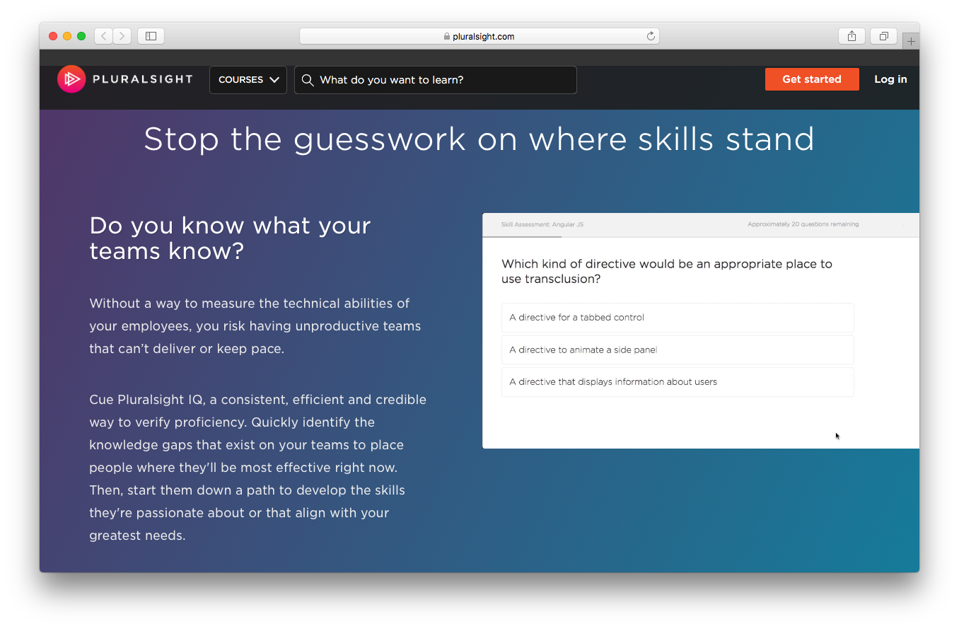 Pluralsight homepage screenshot team skills technical ability emlployee