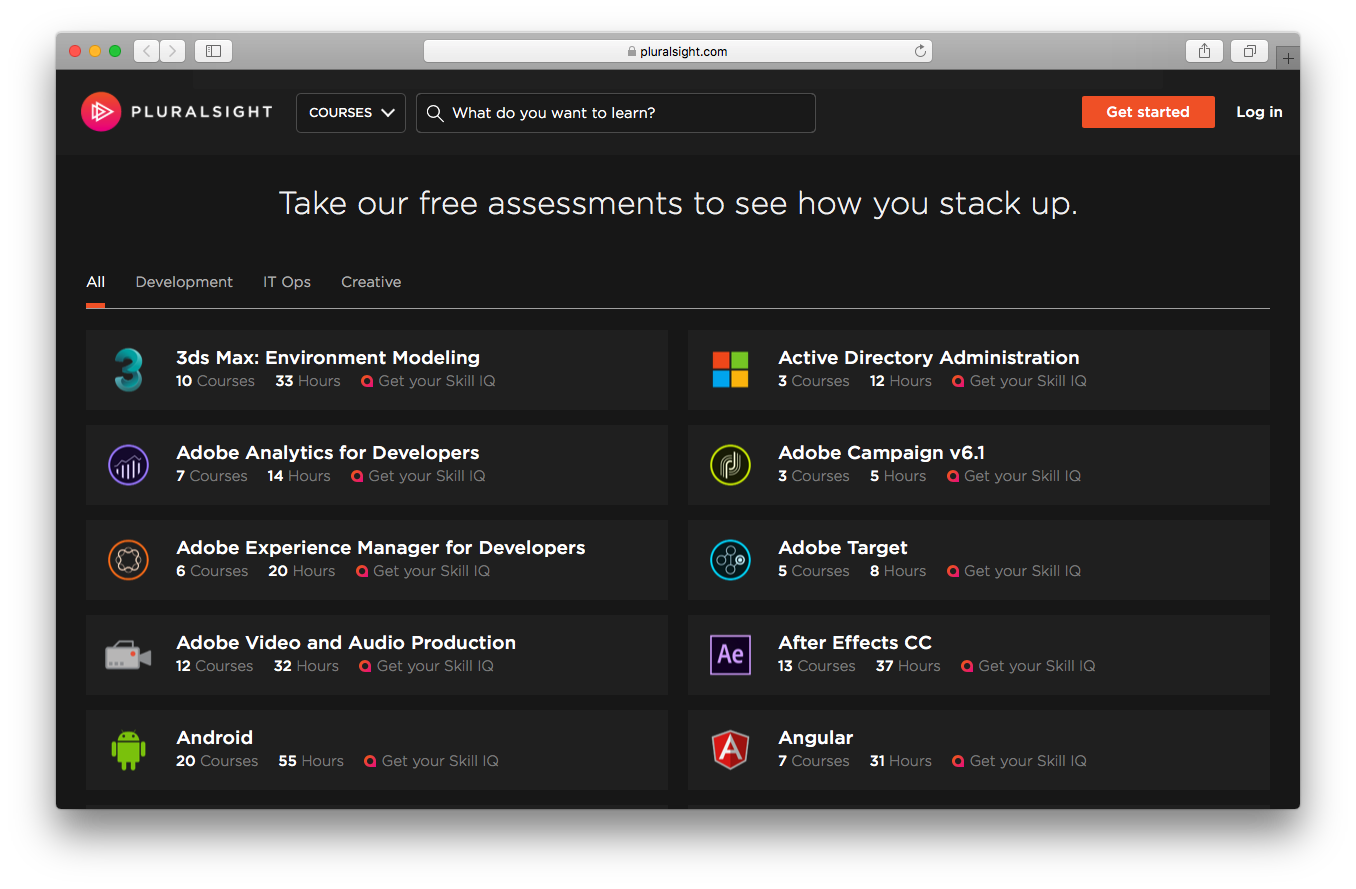 Pluralsight IQ webpage screenshot free assessments development IT ops creative