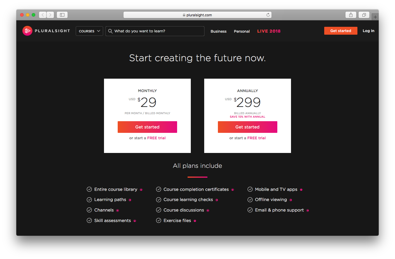 Pluralsight pricing webpage screenshot business professional monthly annually