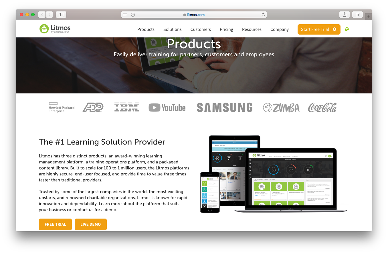 Litmos products webpage screenshot deliver training partners customers employees learning solution provider management operations content library platform