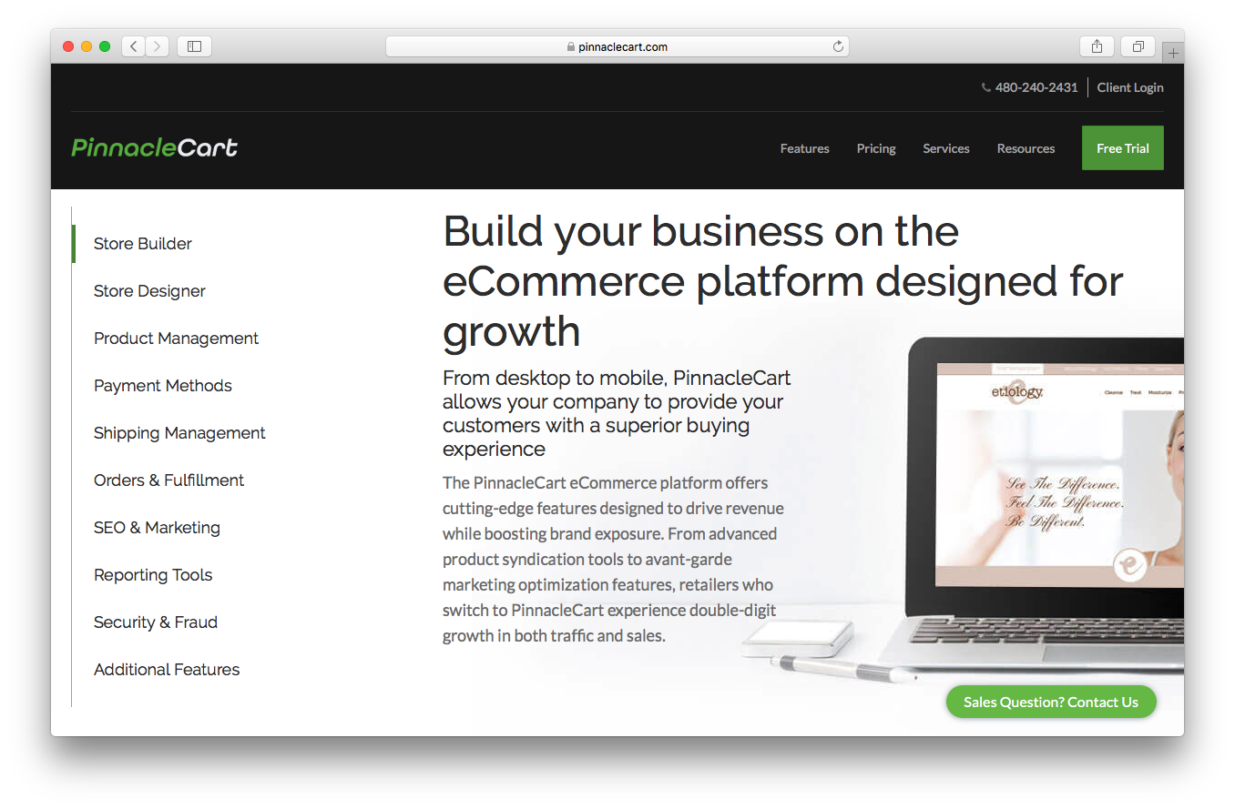 PinnacleCart features webpage screenshot ecommerce storefront business platform