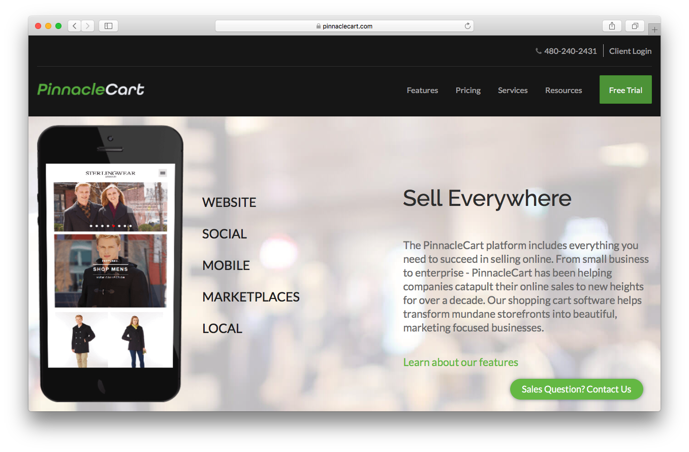 PinnacleCart homepage screenshot website social mobile marketplaces local sell everywhere