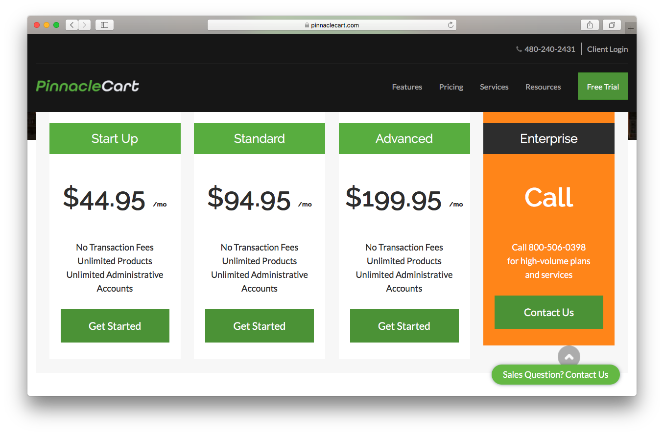 PinnacleCart pricing webpage screenshot start up standard advanced enterprise