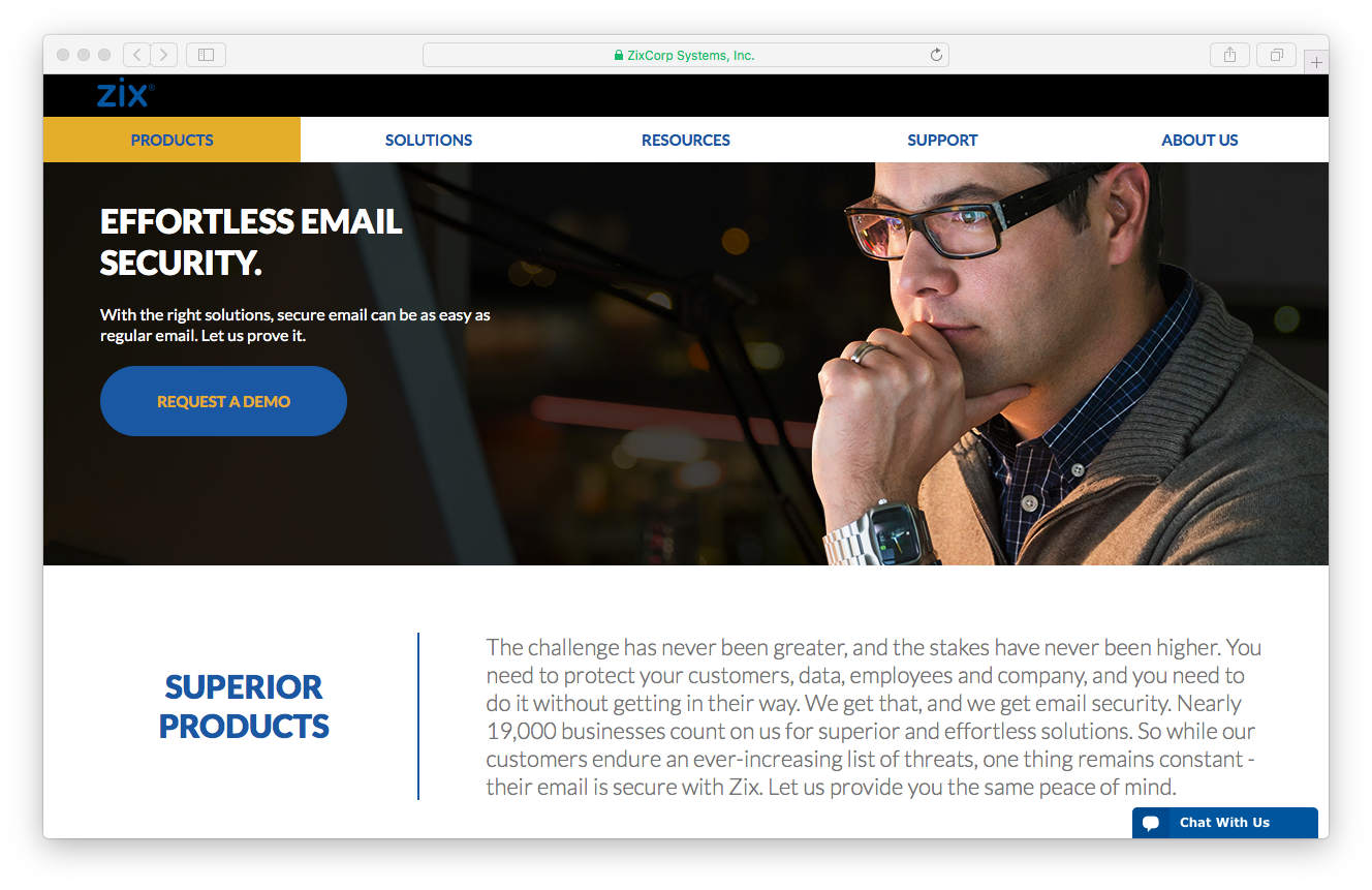 Zix products webpage screenshot email security solutions secure superior products