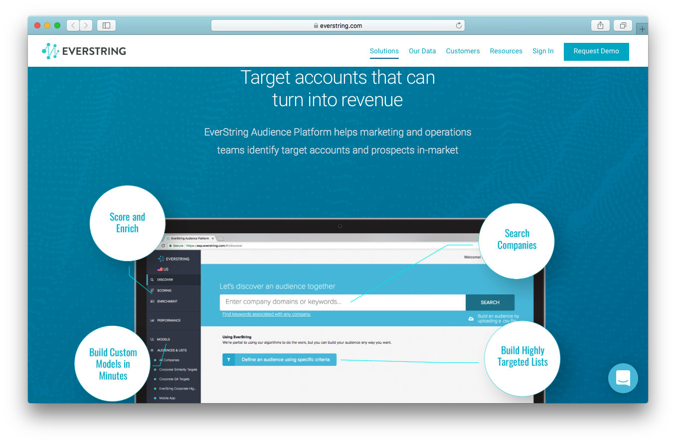 EverString solutions for marketers webpage screenshot target accounts revenue score enrich build custom models search companies build targeted lists