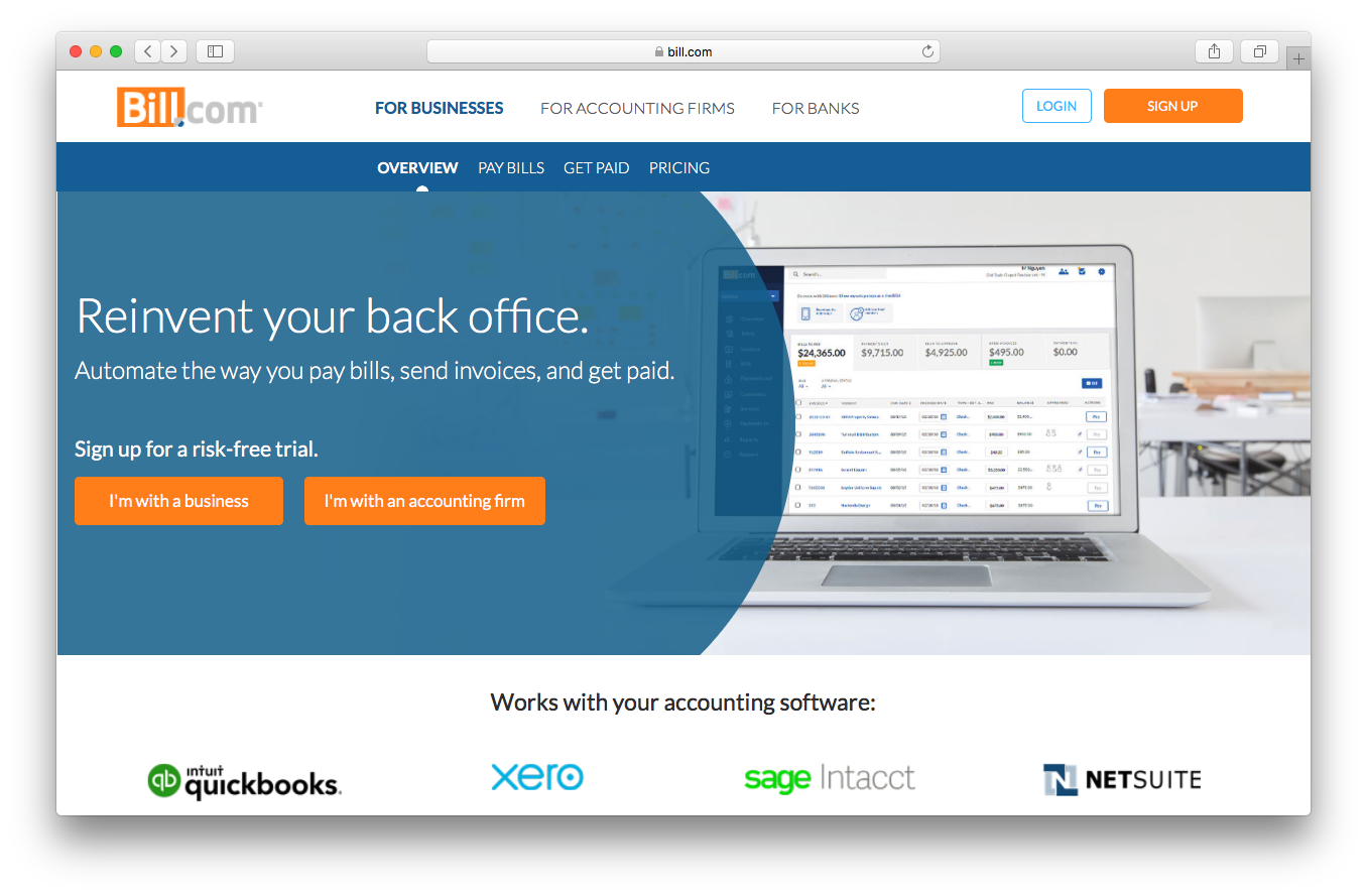 Bill.com homepage screenshot reinvent back office automate pay bills send invoices get paid