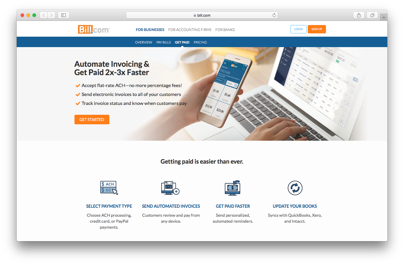 Bill.com products account receivable webpage screenshot get paid automate invoicing select payment type send automated update books