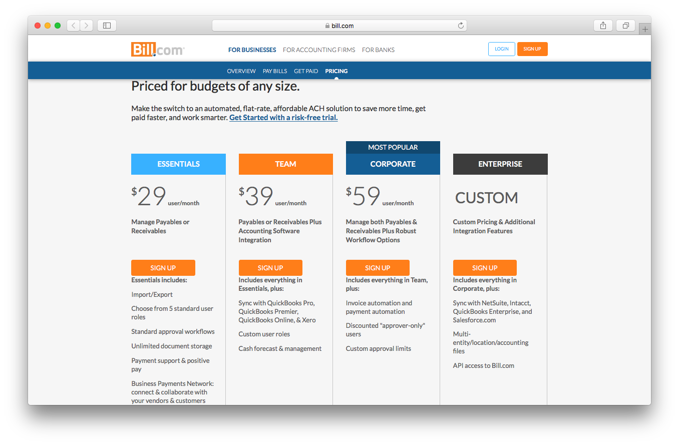 Bill.com pricing webpage screenshot essentials team corporate enterprise automated flat rate affordable ACH solution save time paid faster work smarter