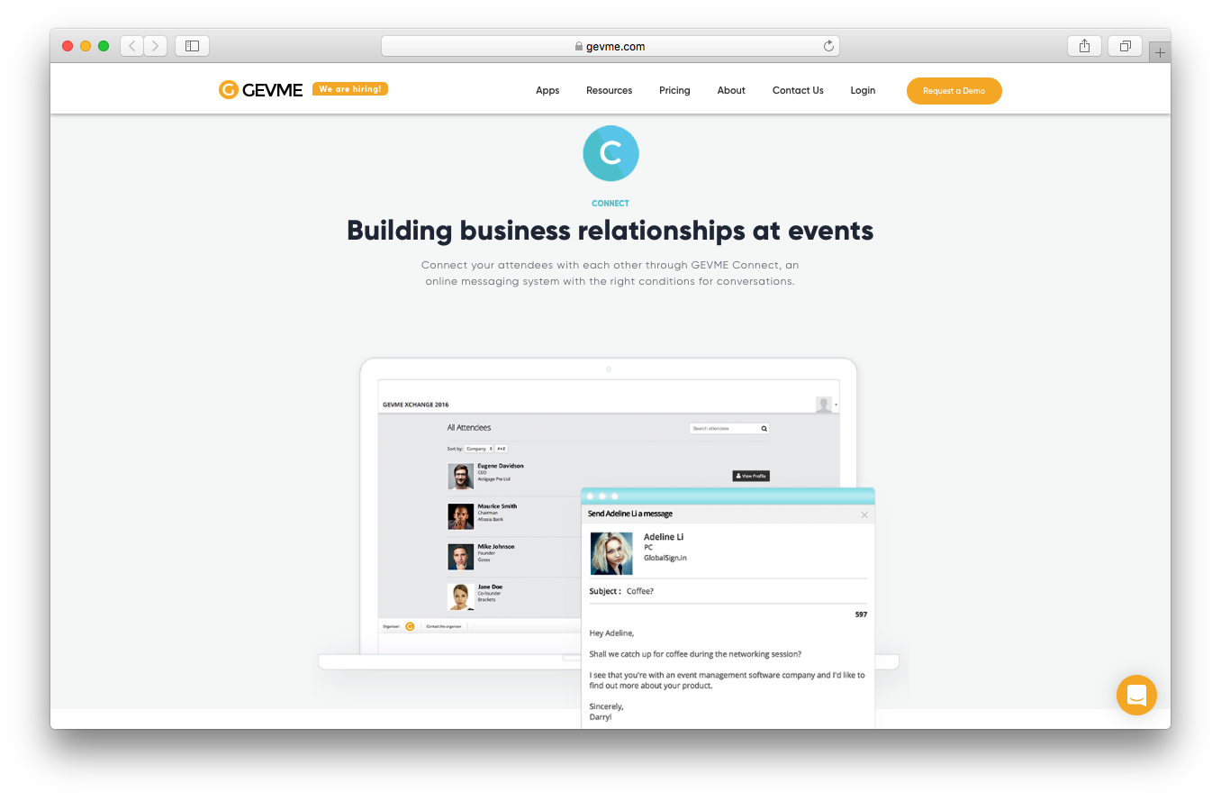 GEVME connect webpage screenshot building business relationships events