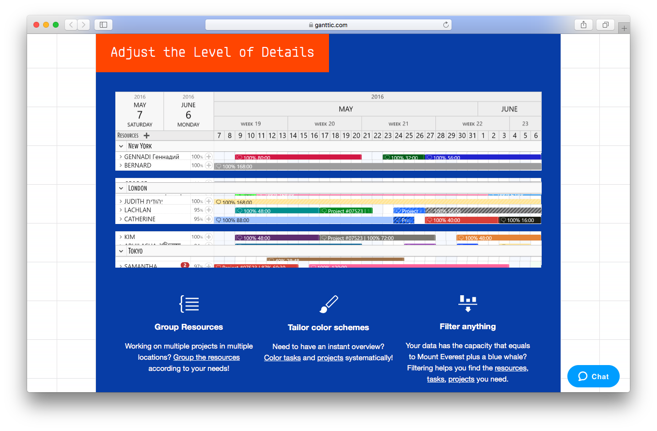 Ganttic tour webpage screenshot adjust level of details group resources tailor color schemes filter anything