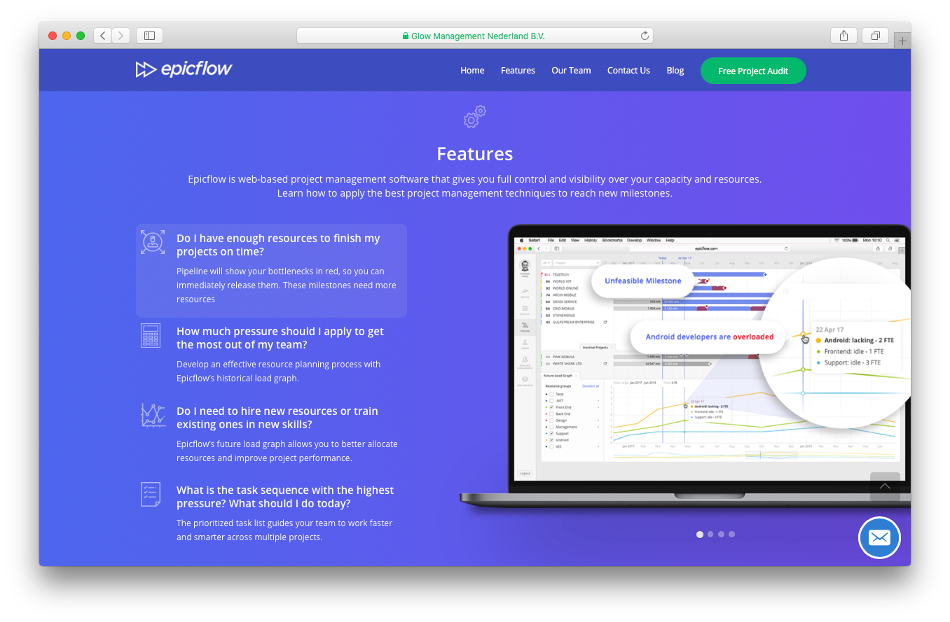 Epicflow features homepage screenshot web based project management software full control visibility capacity resources best techniques reach milestones