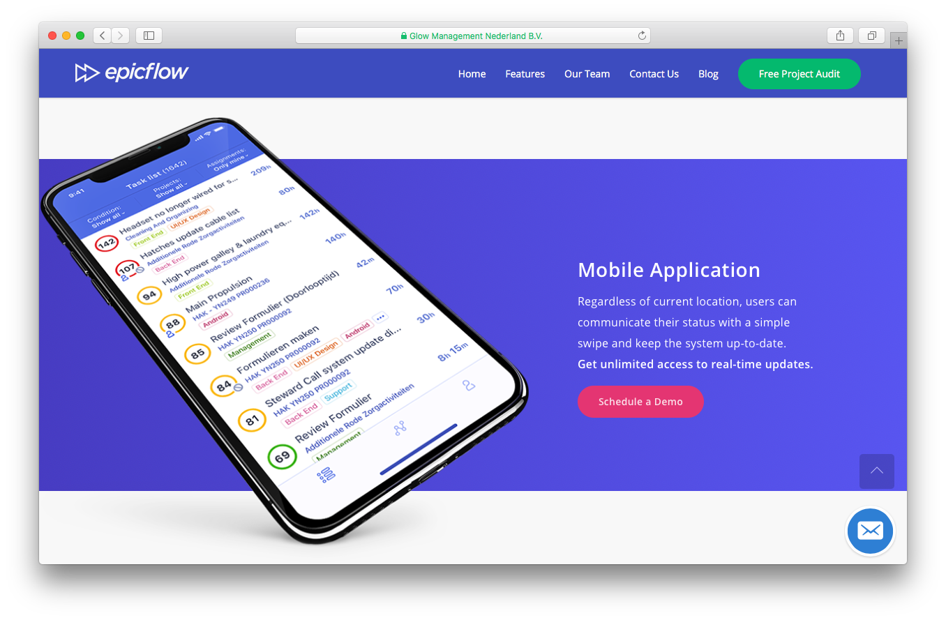 Epicflow mobile application homepage screenshot communicate status keep system up to date unlimited access real time updates