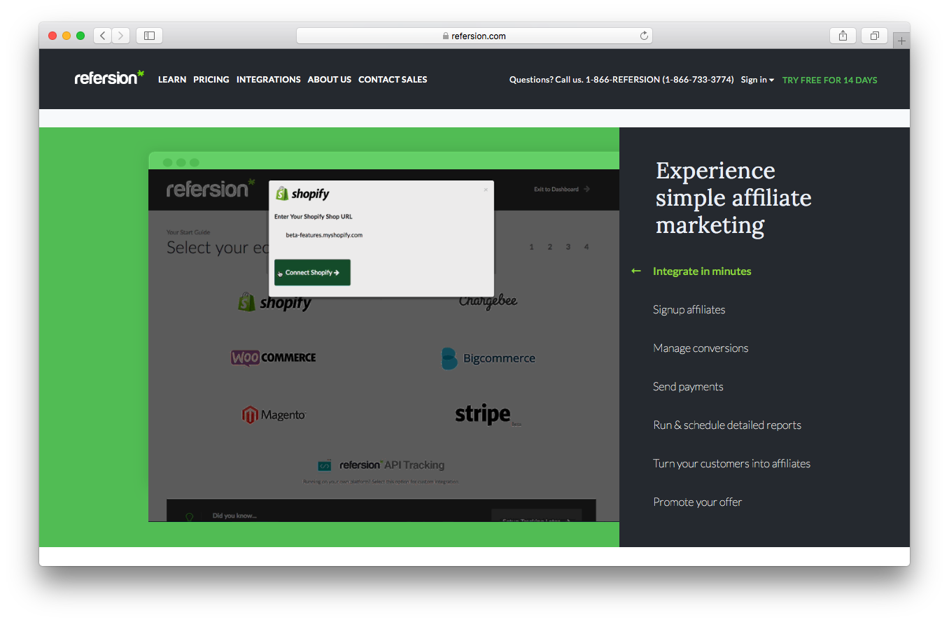 Refersion homepage screenshot integrate signup affiliates manage conversions Send payments Run schedule detailed reports promote offer