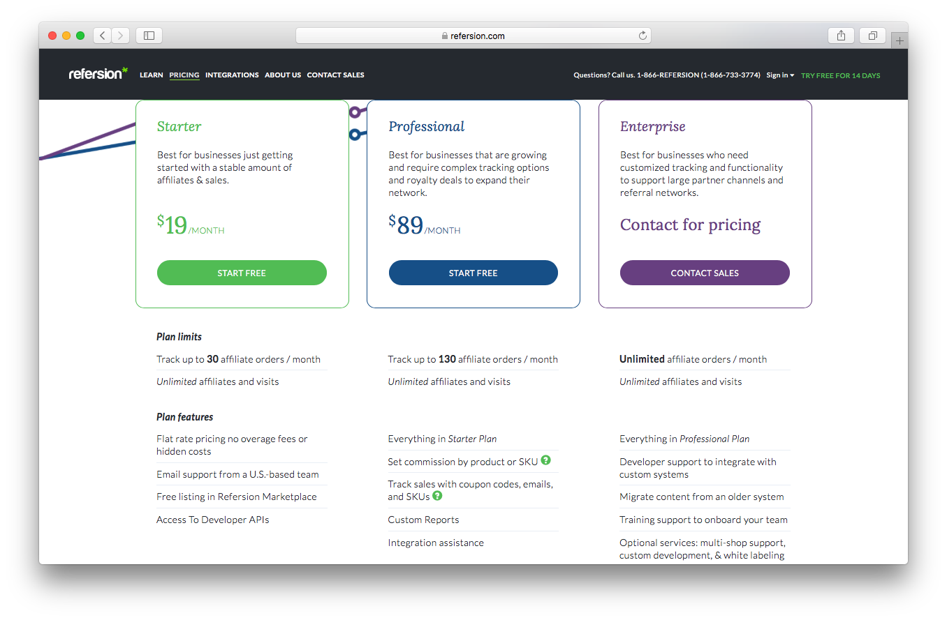Refersion pricing webpage screenshot plan unlimited affiliates visits projected sales volume starter professional enterprise
