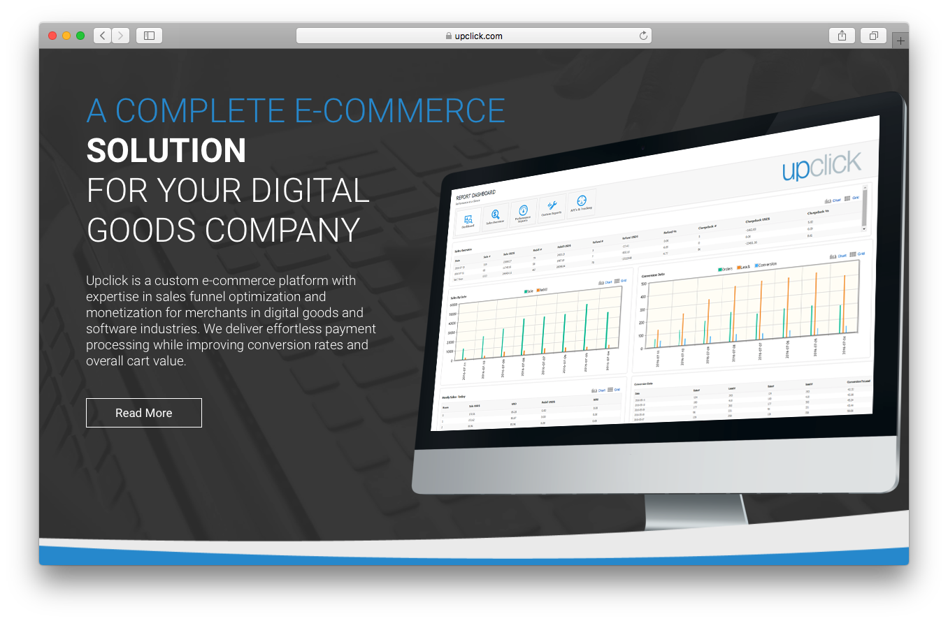 Upclick homepage screenshot complete ecommerce solution digital goods company sales funnel optimisation monetization digital goods software industry