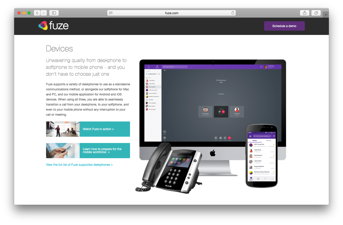 Fuze voice enterprise voice devices webpage screenshot desk phone soft phone mobile phone communication