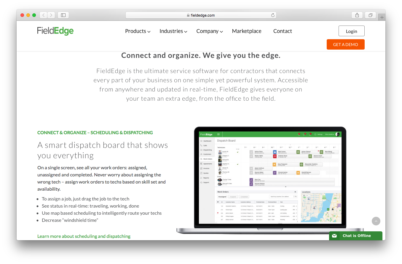 FieldEdge products webpage screenshot field service management connect organise scheduling dispatching