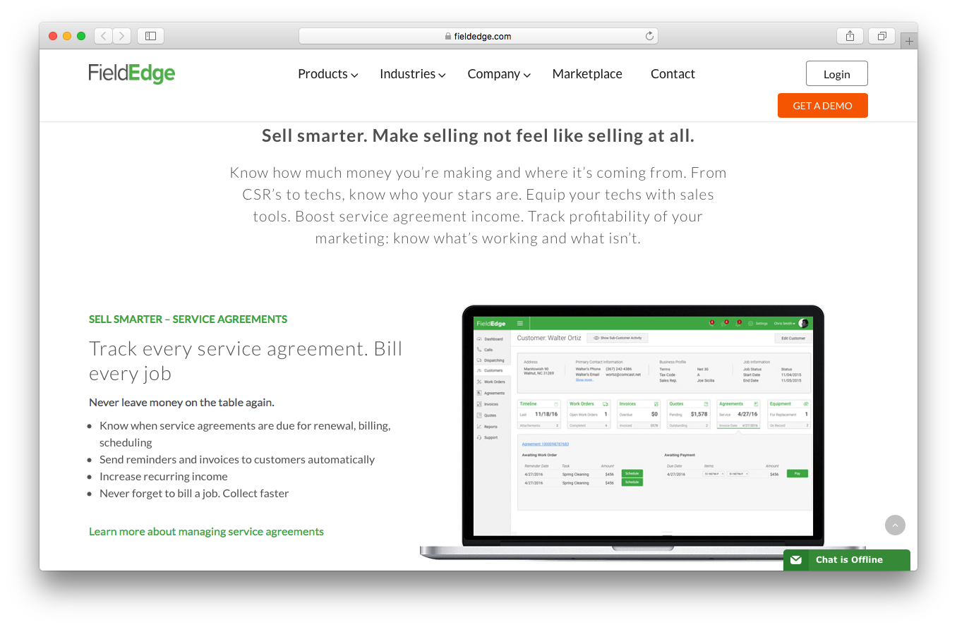 FieldEdge products webpage screenshot field service management connect sell smarter service agreements