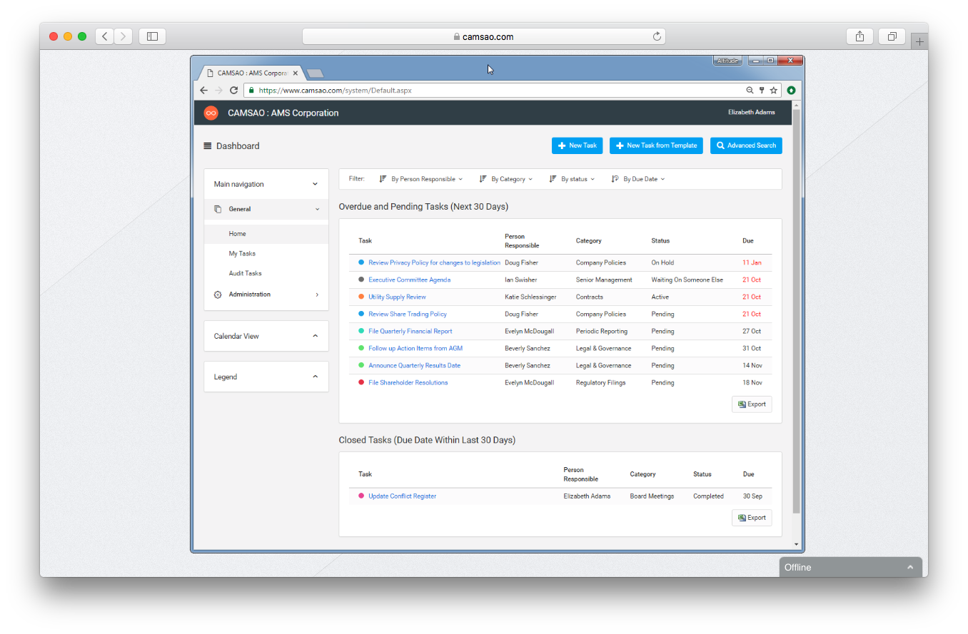 Camsao homepage screenshot features status dashboard workflow tasks reminders audit scheduling data storage export calendars attachments admin hosted securely 