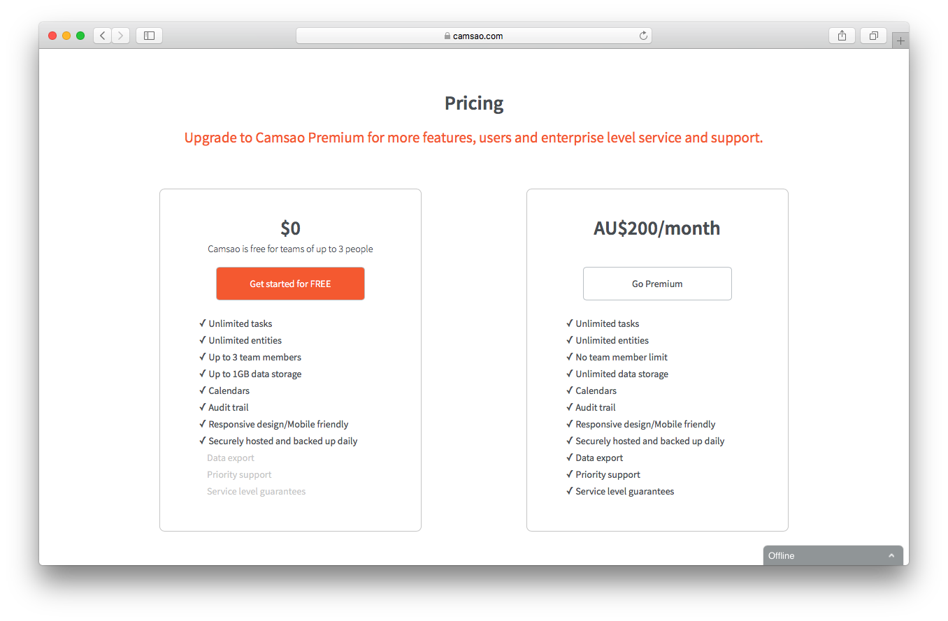 Camsao homepage screenshot pricing free premium features users enterprise level service support