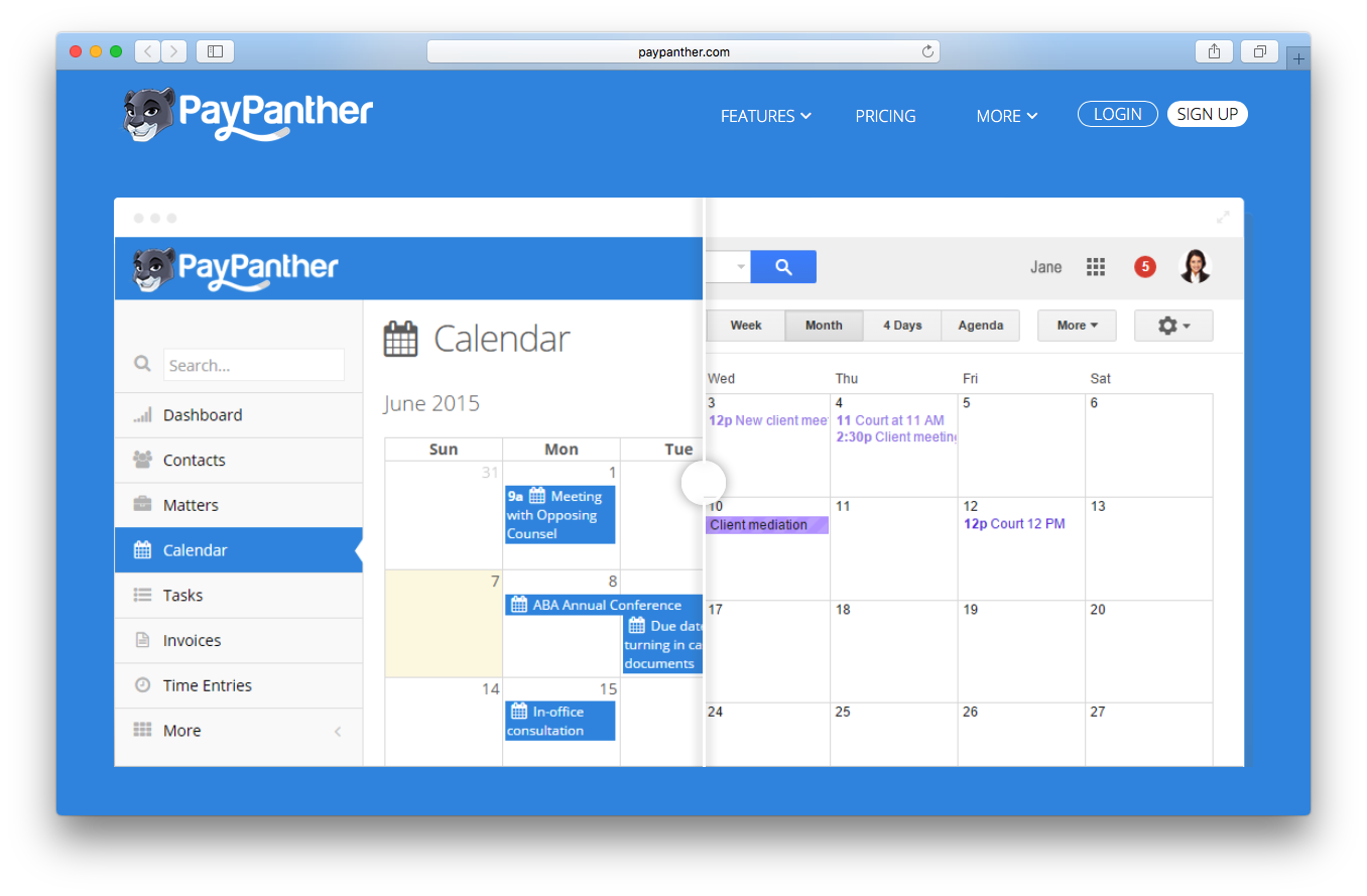 Paypanther integrations webpage screenshot calendar