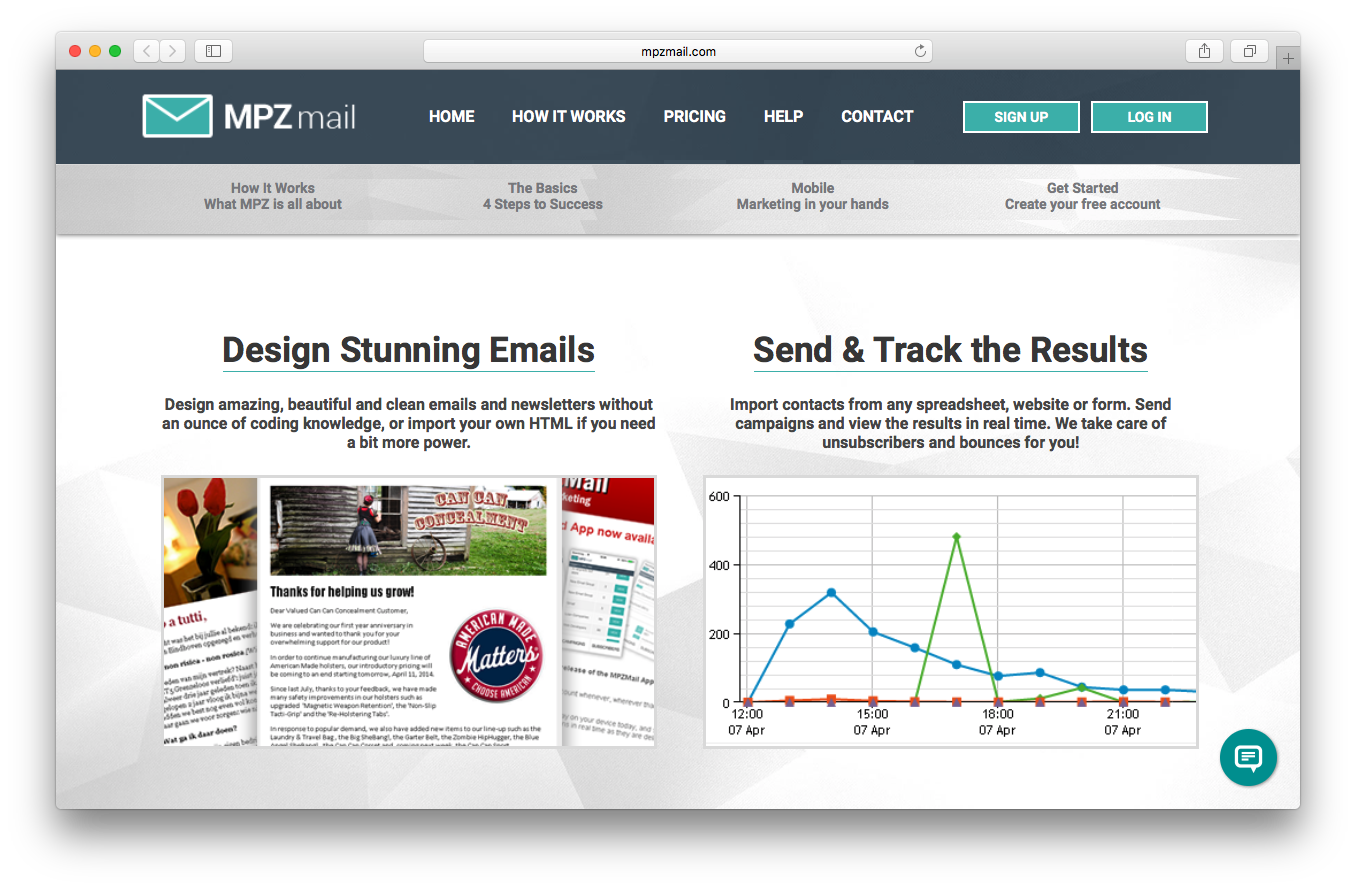 MPZMail features webpage screenshot design emails send and track results