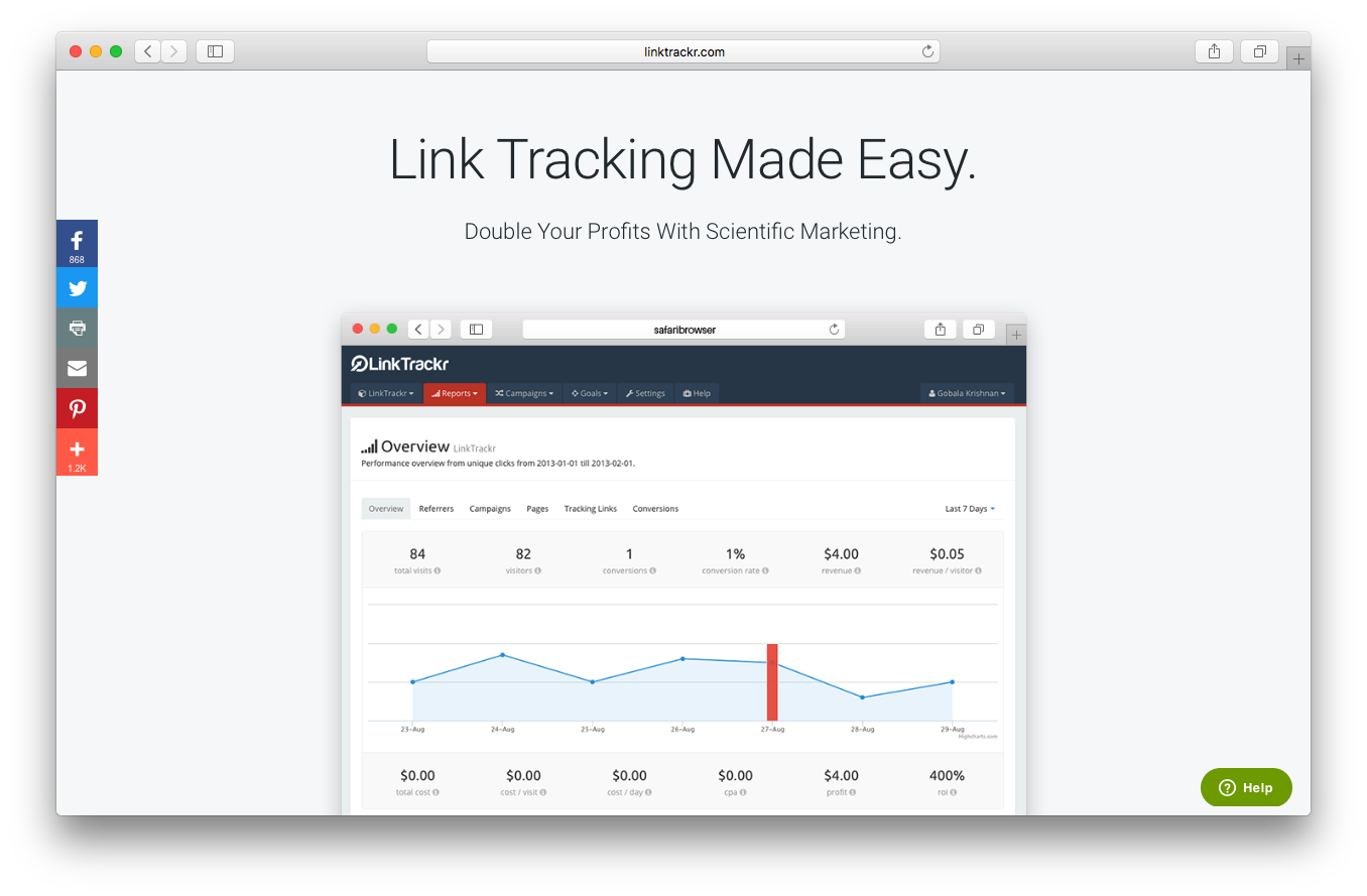 LinkTrackr homepage screenshot link tracking made easy double profits scientific marketing