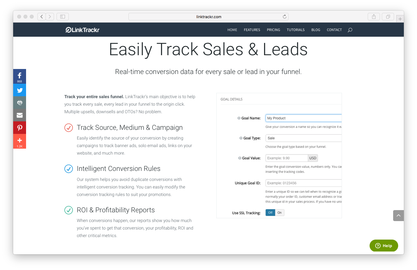 LinkTrackr homepage screenshot track sales leads funnel source medium campaign intelligent conversion ROI profitability reports