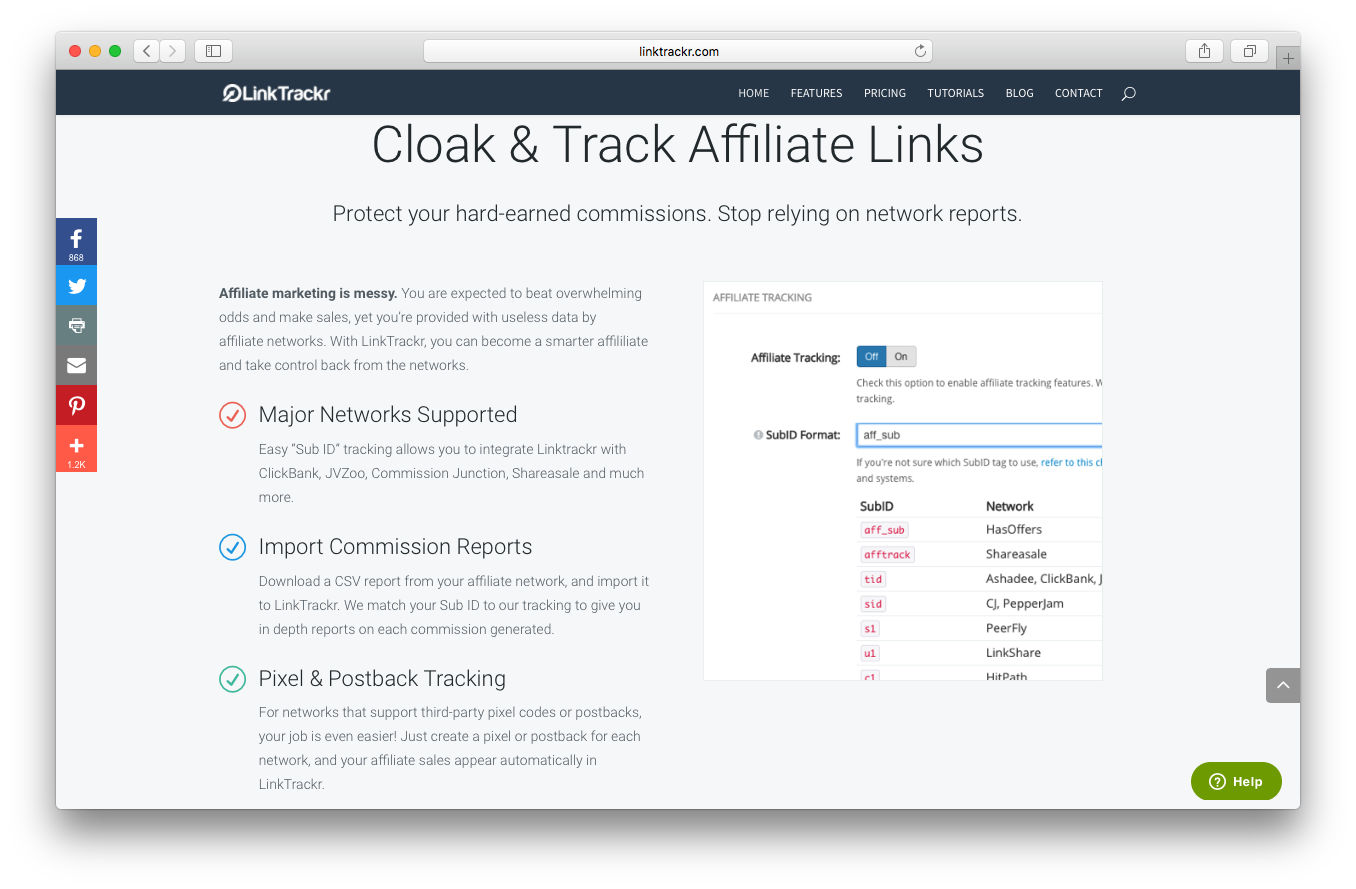 LinkTrackr homepage screenshot cloak track affiliate links protect commissions major networks reports import pixel postback tracking