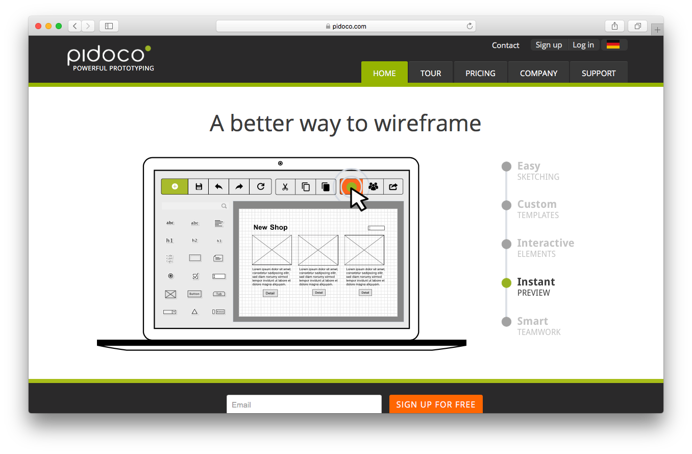 Pidoco homepage screenshot instant preview easy sketching custom templates interactive elements smart teamwork