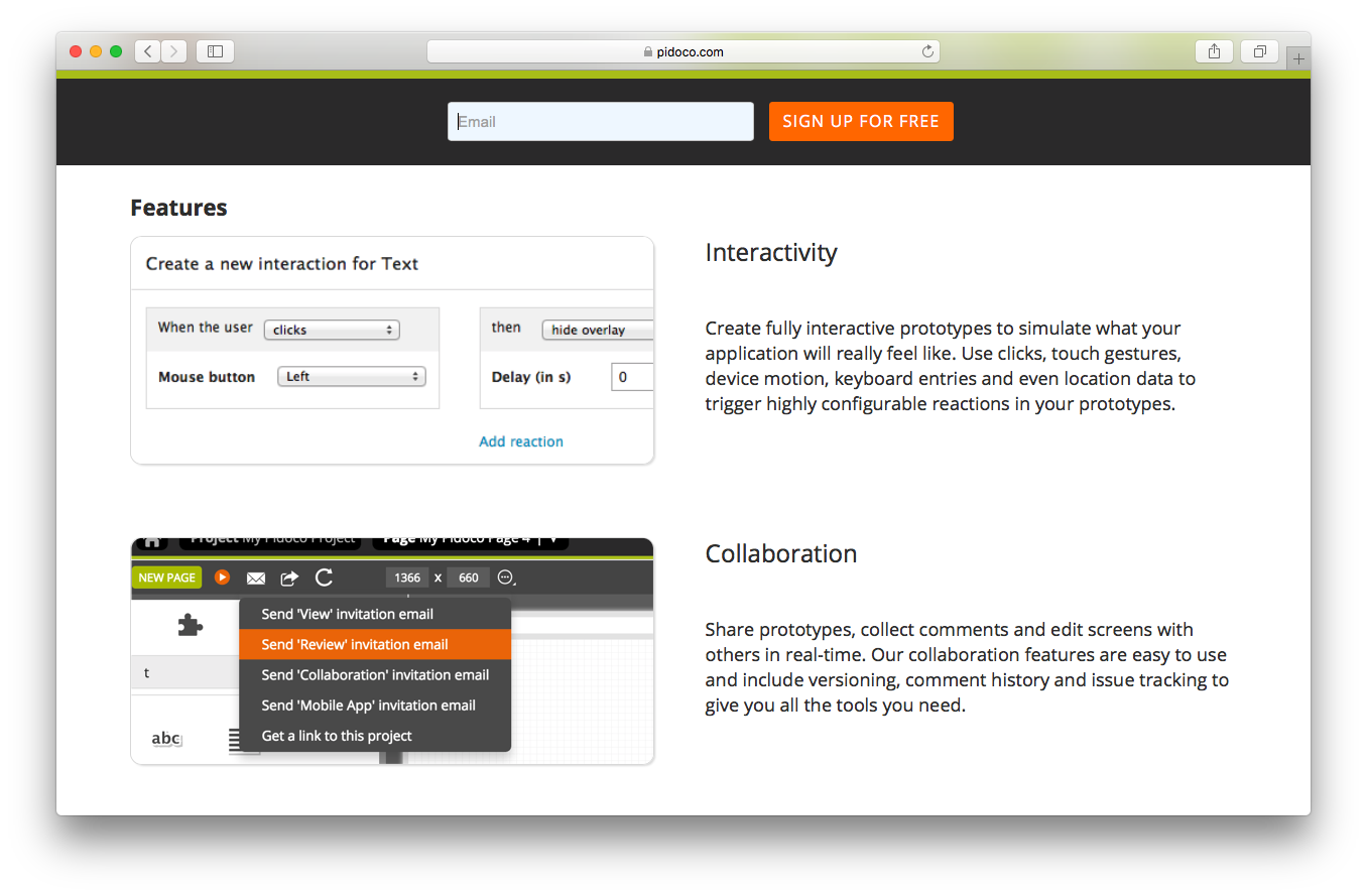 Pidoco homepage screenshot features interactivity collaboration