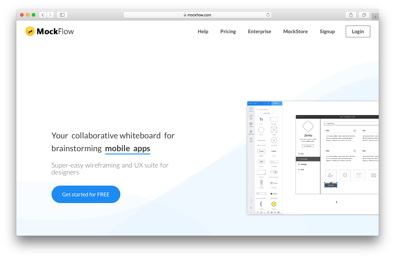 MockFlow homepage screenshot collaborative whiteboard for brainstorming desktop apps web apps interfaces software UI websites mobile apps wire framing UX suite designers