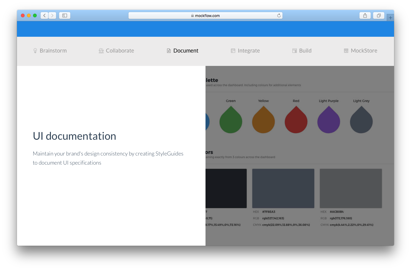 MockFlow homepage screenshot ui brainstorm collaborate integrate build mockstore documentation brand design consistency Ui specifications