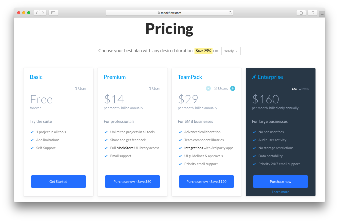 MockFlow pricing webpage screenshot basic premium team pack enterprise users