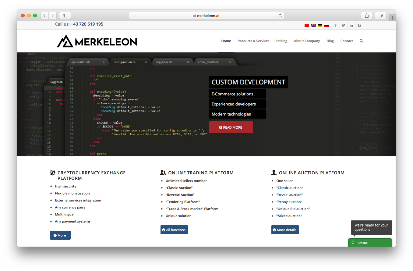 Merkeleon homepage screenshot ecommerce solutions experienced developers modern technologies cryptocurrency exchange platform online trading auction