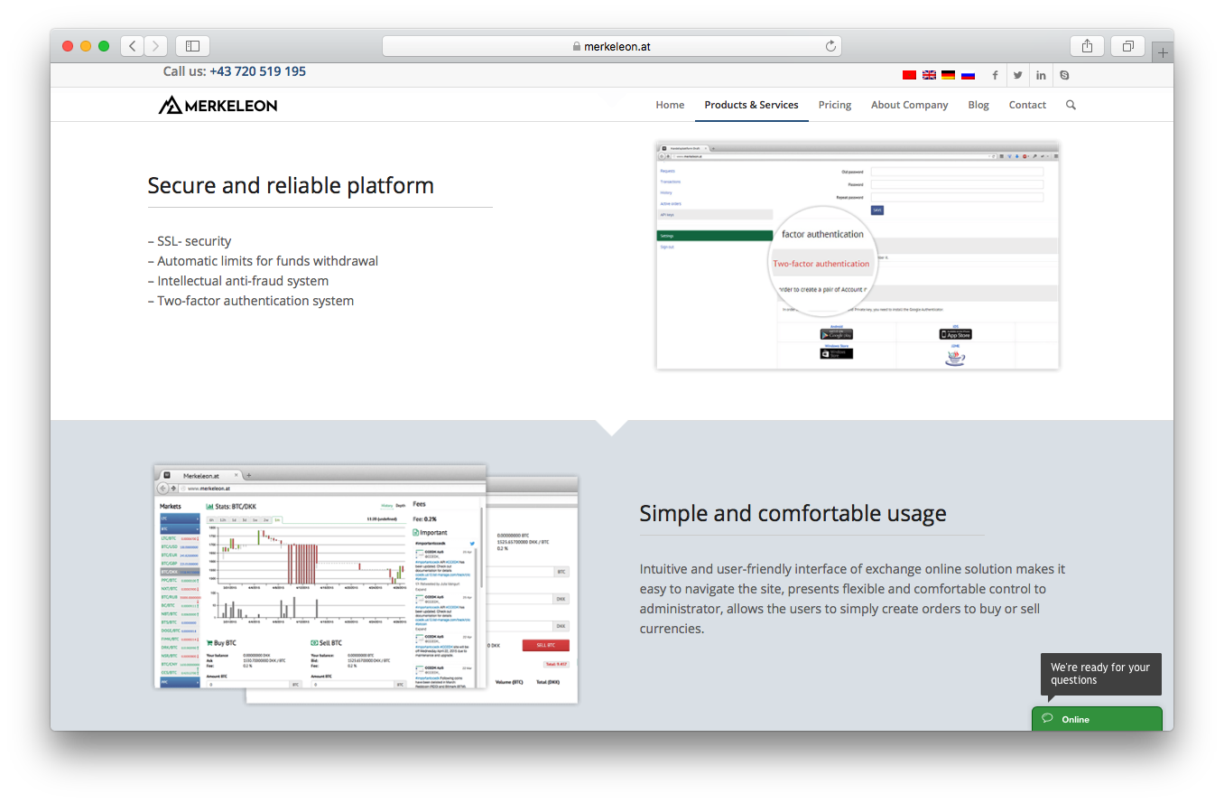 Merkeleon products and services webpage screenshot secure reliable platform simple comfortable usage